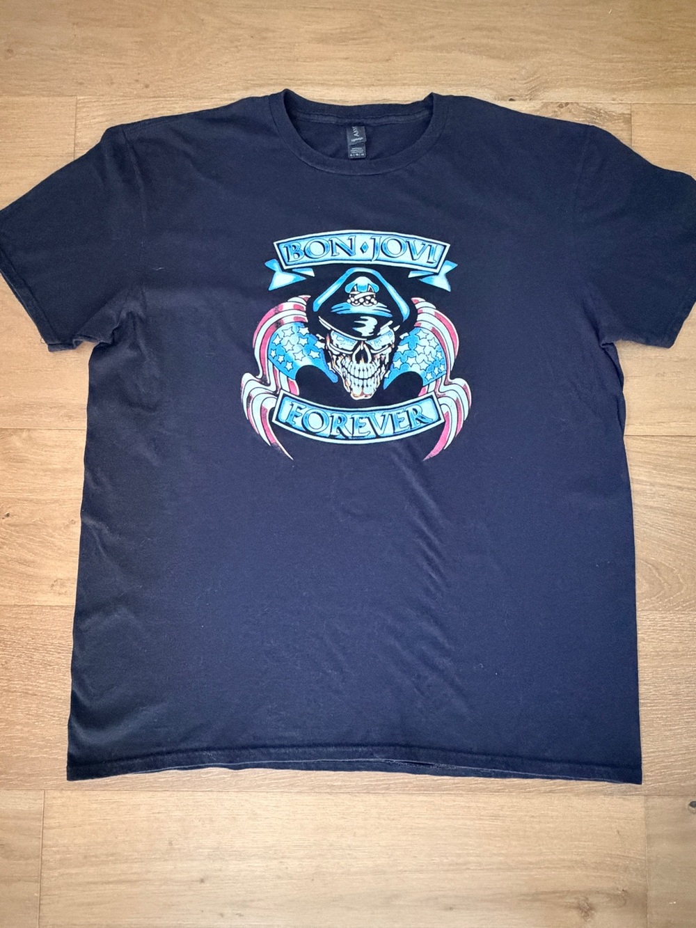 Bon Jovi Forever Skull American Flag Tee Black Size XL USA 80s Hair Metal Jersey